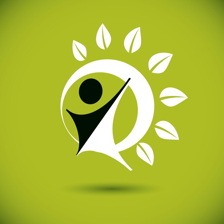 Vector ilustración de vector de individuo abstracto feliz con las manos levantadas. ir al logo creativo de la idea verde. metáfora de estilo de vida saludable. símbolo del tema de conservación ambiental.