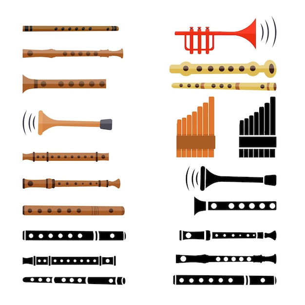 Ilustración de vector de instrumento de flauta Gran colección de imágenes prediseñadas Instrumento de flauta Elementos de flauta de música