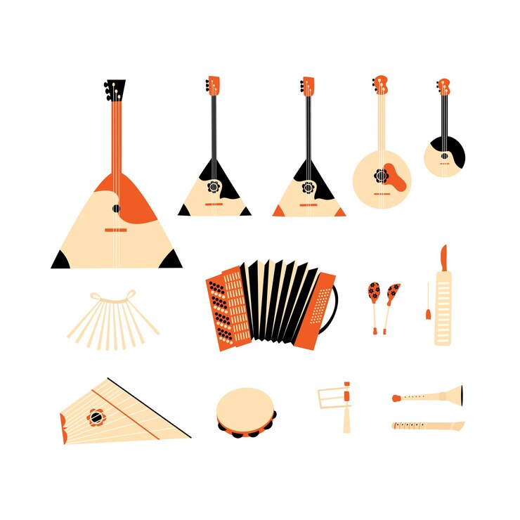 Ilustración de vector de instrumentos de orquesta popular sobre fondo blanco. Acordeón, cuerno, balalaika, cucharas, pandereta.