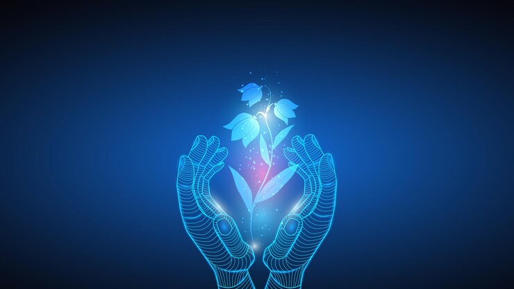 Vector ilustración de vector de inteligencia artificial sosteniendo una planta en la mano. ciencia, futurista, web, concepto de red, comunicaciones, alta tecnología. eps 10