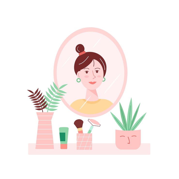 Ilustración de vector de interior de casa con chica mirando en el espejo.