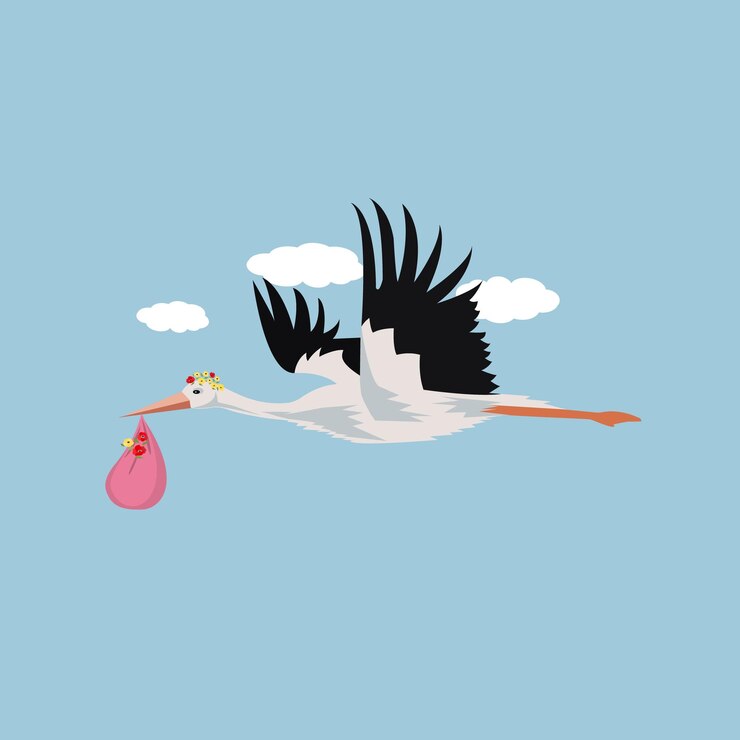 Vector ilustración de vector de invitación de ducha de bebé con cigüeña. una cigüeña que lleva a un bebé en una bolsa.