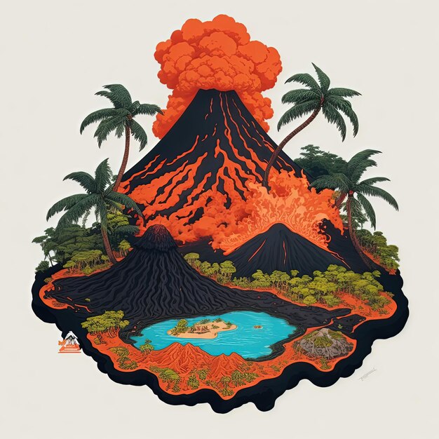 Vector ilustración vector isla con volcán de lava de árbol