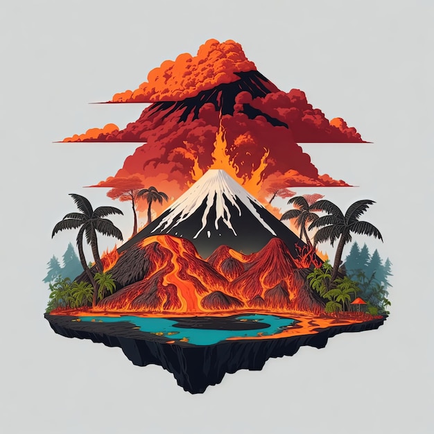 Ilustración vector isla con volcán de lava de árbol