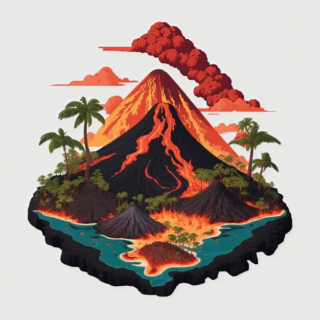 Vector ilustración vector isla con volcán de lava de árbol