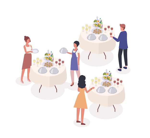 Ilustración de vector isométrica de evento social. Invitados bebiendo vino, degustando bocadillos en personajes de dibujos animados de banquetes. Camarero, trabajador de servicio de catering que sirve platos. Gran fiesta de celebración de ocasión festiva.