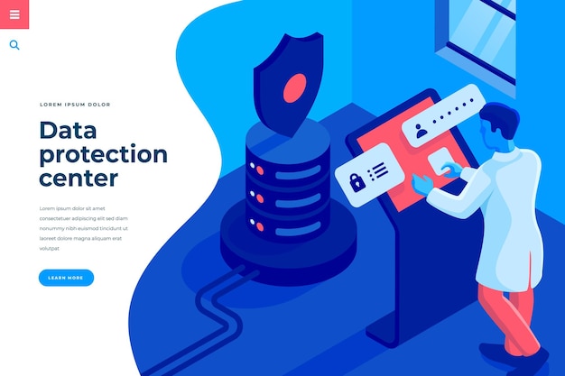 Ilustración de vector isométrico del centro de protección de datos para plantilla de encabezado de página de destino o banner web con espacio de copia para texto Ingeniero de carácter masculino en la sala del centro de datos interactúa con la computadora del servidor