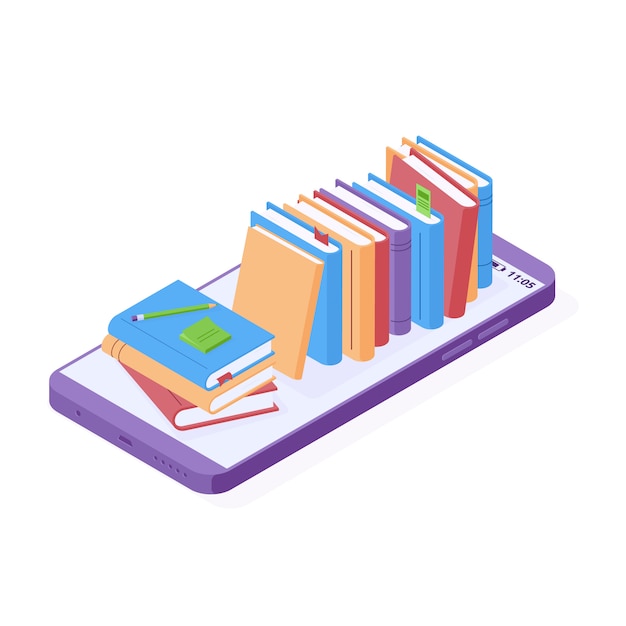 Ilustración de vector isométrico de lectura o educación en línea