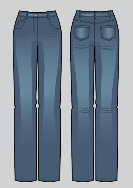 Ilustración de vector de jeans azul mujer clásica. Vistas frontal y trasera. Moda