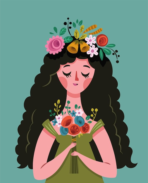 Ilustración de vector de una joven dama y flores