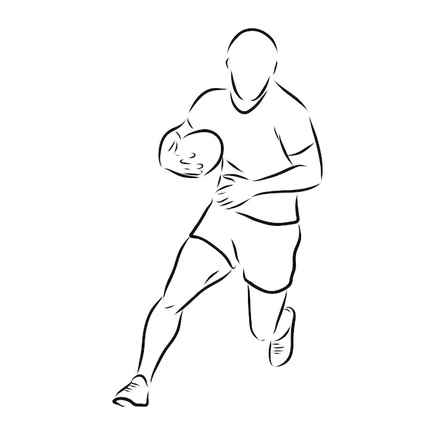 Ilustración de vector de jugador de rugby. Hombre corriente con pelota en las manos. Equipo de deporte