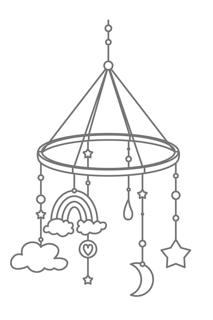 Ilustración de vector de juguete de bebé móvil colgante para cama de niño dibujo para ducha de recién nacido objeto con nubes estrellas y luna para infancia feliz dibujo lindo en estilo de contorno sobre fondo aislado