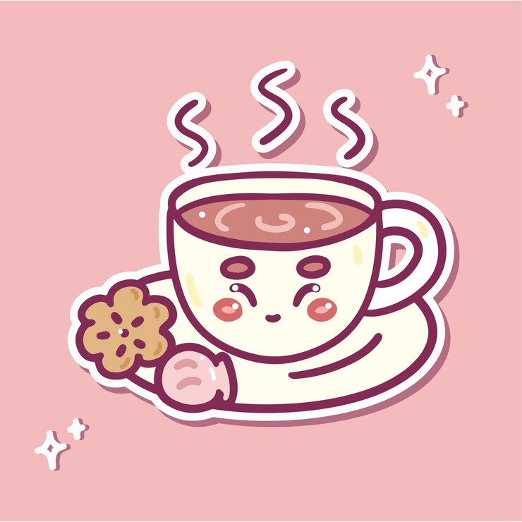 Ilustración de vector de kawaii taza de té o chocolate caliente con galletas y purpurina
