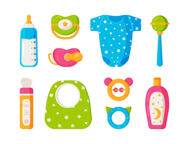 Ilustración de vector de un kit de cuidado y juego para bebés. Kit de bebé. Kit bebé: portabebés, chupete, juguetes, sonajeros, polvos, babero, champú y leche. Iconos de bebé de colores