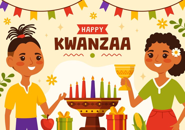 Vector ilustración de vector de kwanzaa feliz en fondo de dibujos animados plano de símbolo africano de vacaciones tradicional