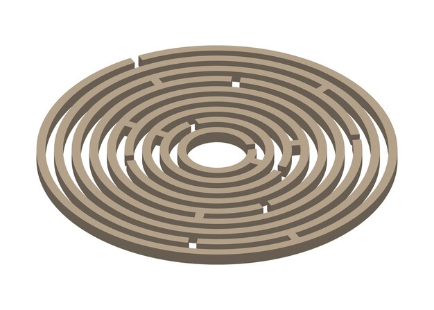 Ilustración de vector de laberinto marrón circular 3d. diseño de círculo de laberinto isométrico.