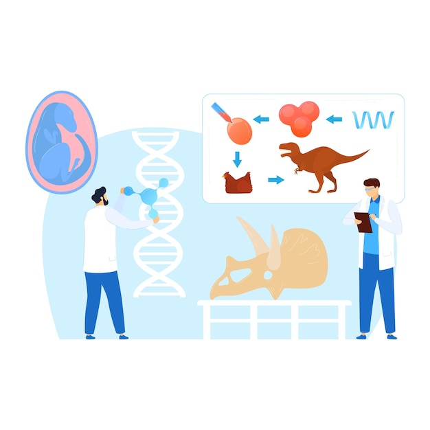 Ilustración de vector de laboratorio de ciencia Investigación de laboratorio de dinosaurios mujeres hombres carácter hacer análisis científico personas trabajan con arqueología hueso antiguo