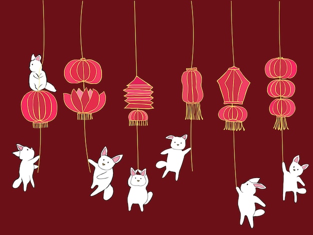 Ilustración de vector de lámpara china con conejo colgando en estilo de arte de garabato para el festival de mediados de otoño
