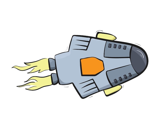 Ilustración de vector de lanzamiento de nave espacial. Inicio de cohete. Transbordador espacial de contorno de dibujos animados de Doodle