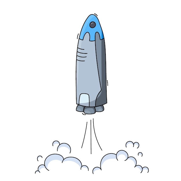 Ilustración de vector de lanzamiento de nave espacial. Inicio de cohete. Transbordador espacial de contorno de dibujos animados de Doodle