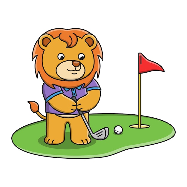 Ilustración de vector de un león de dibujos animados jugando al golf