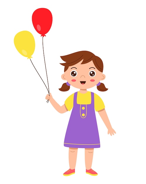 Ilustración de vector de linda chica de dibujos animados de pie con globos de colores.