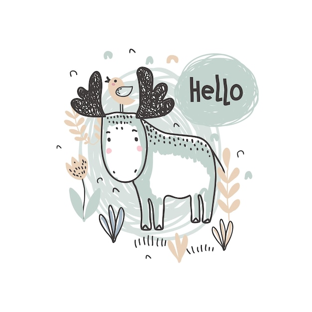 Ilustración de vector de lindo alce dibujado a mano en el bosque y texto hola para tarjetas