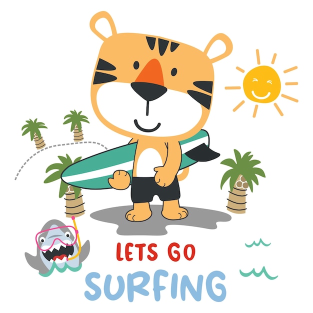 Ilustración de vector de lindo animalito con una tabla de surf Estilo de dibujos animados de fondo divertido para niños para diseño de guardería impresión de camisetas deportivas de verano