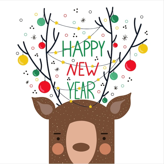 Ilustración de vector de lindo ciervo de Navidad con decoración en cuernos