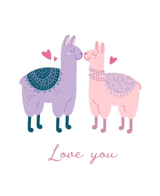 Ilustración de vector lindo para el día de San Valentín. Concepto animalista Pareja de enamorados. Corazones, llamas, letras. Te amo. Para postales, carteles, impresión en ropa. En un estilo plano