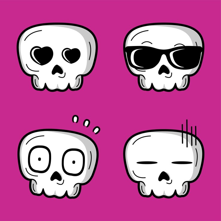Ilustración de vector de lindo emoji cráneo kawaii