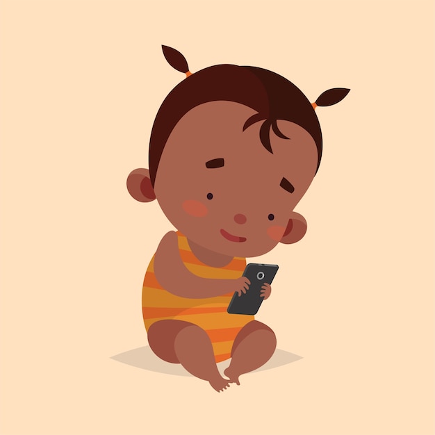 Ilustración de vector lindo para niños. Estilo de dibujos animados. Carácter aislado. Tecnologías modernas para niños. Bebé niña pequeña con teléfono inteligente.