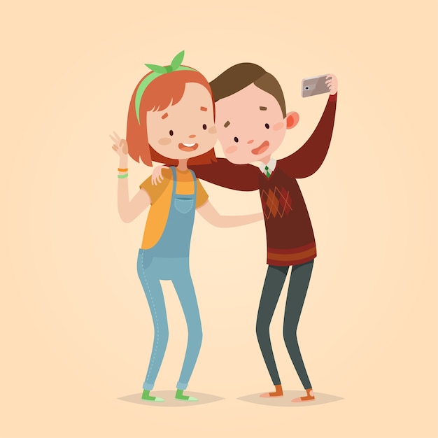 Ilustración de vector lindo para niños. estilo de dibujos animados. carácter aislado. tecnologías modernas para niños. chico y chica amigos haciendo fotos.