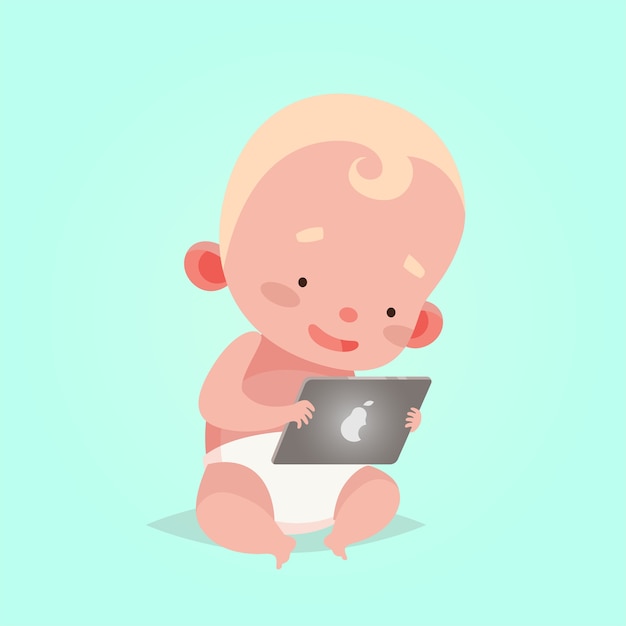 Ilustración de vector lindo para niños. Estilo de dibujos animados. Carácter aislado. Tecnologías modernas para niños. Niño bebé con tableta.
