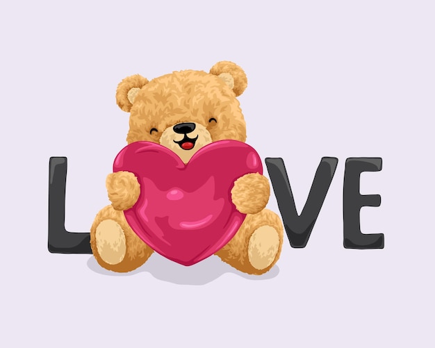 Ilustración de vector de lindo oso de peluche abrazando corazón de amor