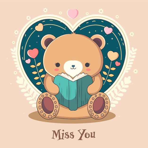 Ilustración de vector de lindo oso de peluche leyendo un libro deja formas de corazón sobre fondo de melocotón y MISS YOU Text Happy Valentine's Day Concept