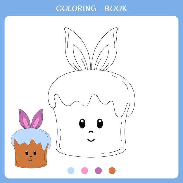 Ilustración de vector de lindo pastel de Pascua con orejas de conejo para colorear libro