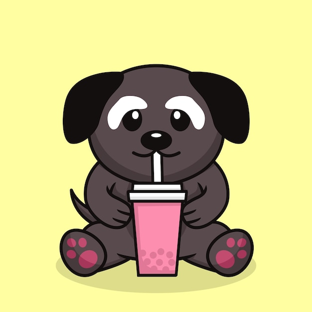 Ilustración de vector de lindo perro premium bebiendo boba