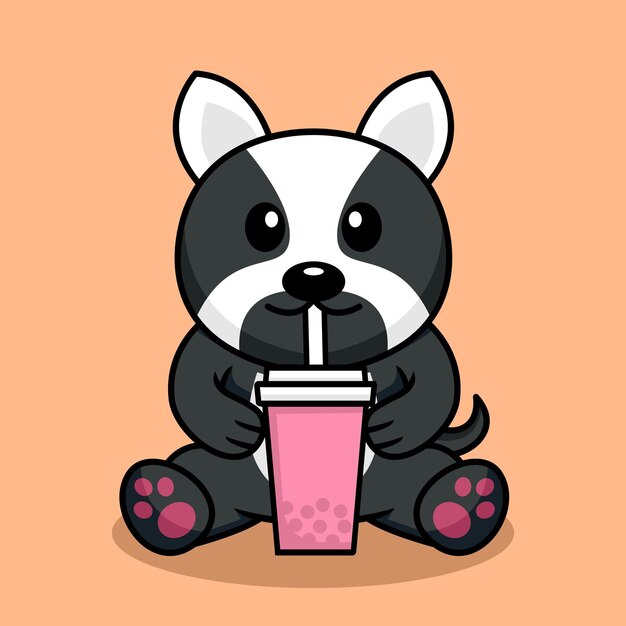 Ilustración de vector de lindo perro premium bebiendo boba