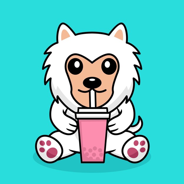 Ilustración de vector de lindo perro premium bebiendo boba