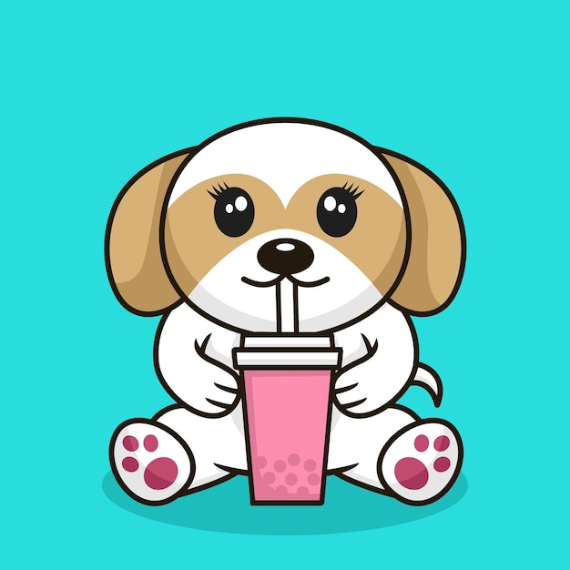 Ilustración de vector de lindo perro premium bebiendo boba