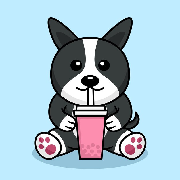 Ilustración de vector de lindo perro premium bebiendo boba