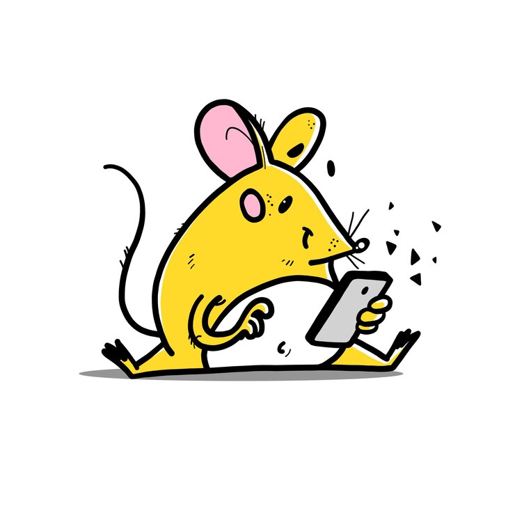 Vector ilustración de vector de lindo personaje de ratón amarillo dibujado a mano sentado mirando el teléfono inteligente en línea aislado sobre fondo blanco para impresiones pegatinas banners logo concepto de niño inteligente