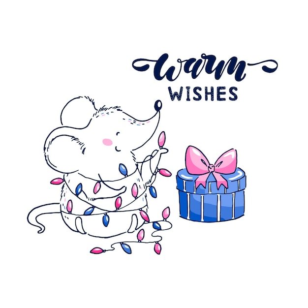 Ilustración de vector de lindo ratoncito con regalo de año nuevo. letras de deseos cálidos. tarjeta postal.