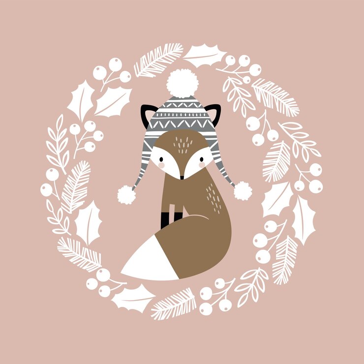 Vector ilustración de vector con lindo zorro dibujado a mano en corona de invierno