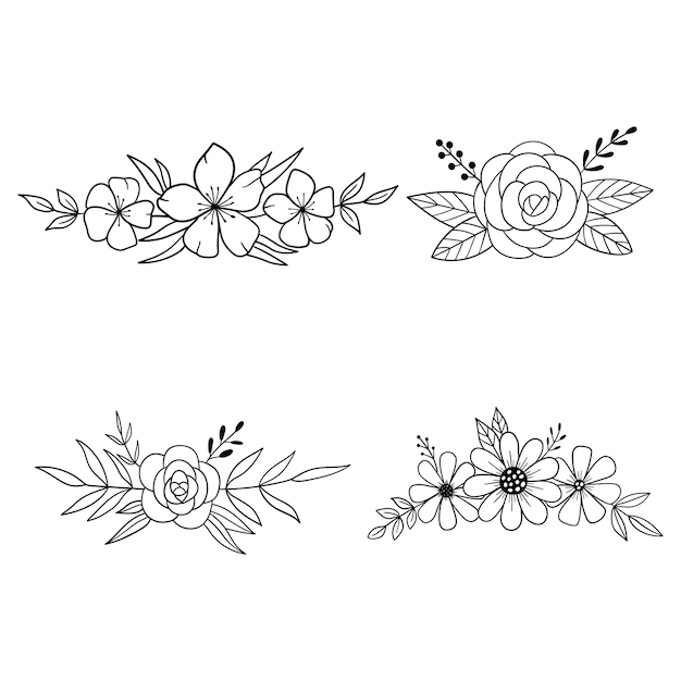 Ilustración de vector de línea de dibujo de contorno de borde de flor de guirnalda de flores