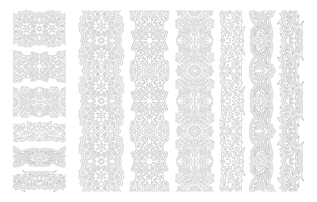 Ilustración de vector lineal monocromo hermoso para adultos para colorear página de libro con pinceles abstractos tribales sin costura conjunto aislado sobre fondo blanco
