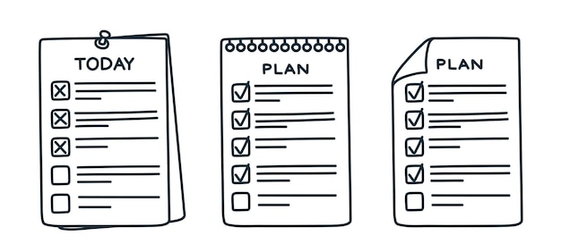 Ilustración de vector de lista de tareas de plan de lista de verificación en estilo de dibujos animados de doodle plano aislado