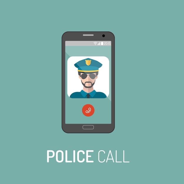 Ilustración de vector de llamada de policía de emergencia con icono de policía en teléfono móvil en estilo plano de moda.
