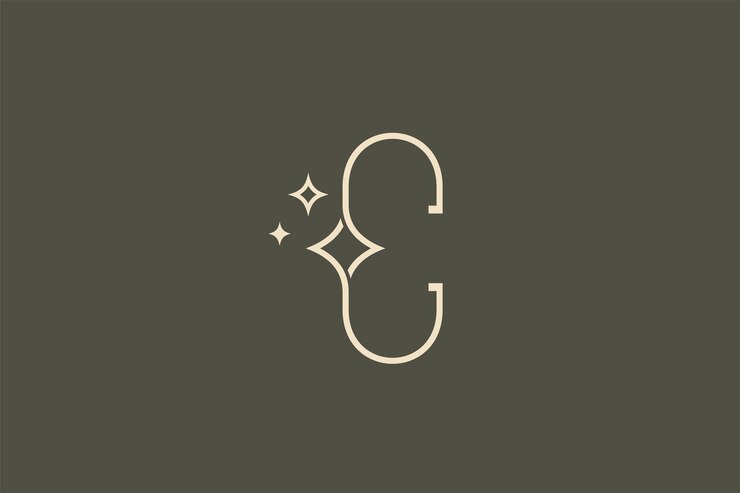 Ilustración de vector de logotipo de arte de línea de letra C con estrellas brillantes